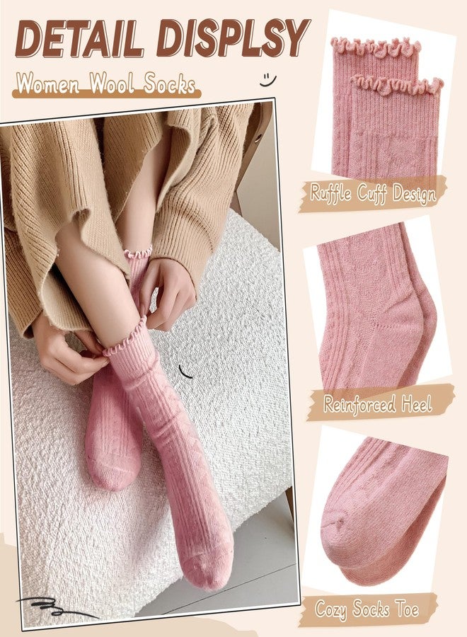 Eyean Womens Merino Wool Ruffle Socks Knit Warm Boot Winter Cozy Thermal Hiking Dress Crew Frilly Socks 5 Pairs (Pink Yellow Blue) - Image 4